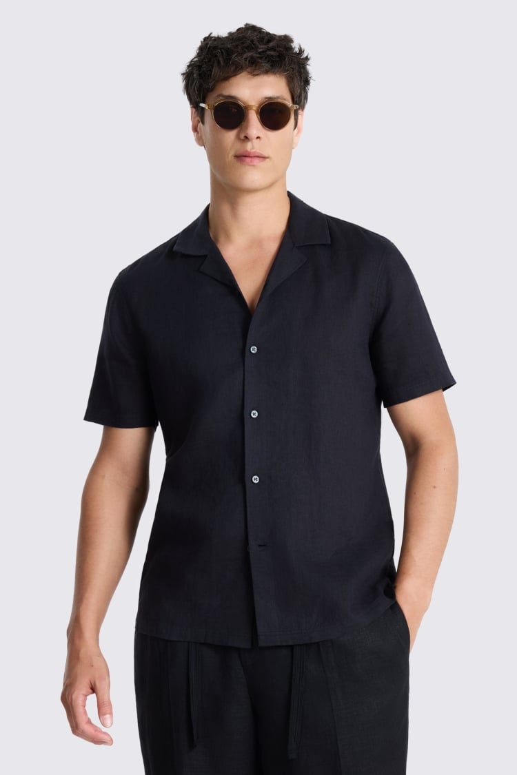 Black Linen Cuban Collar Shirt