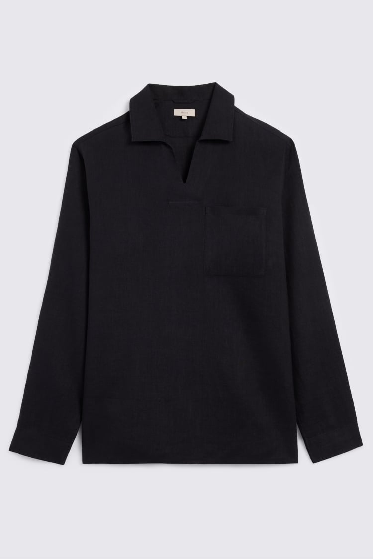 Black Popover V-neck Linen Shirt