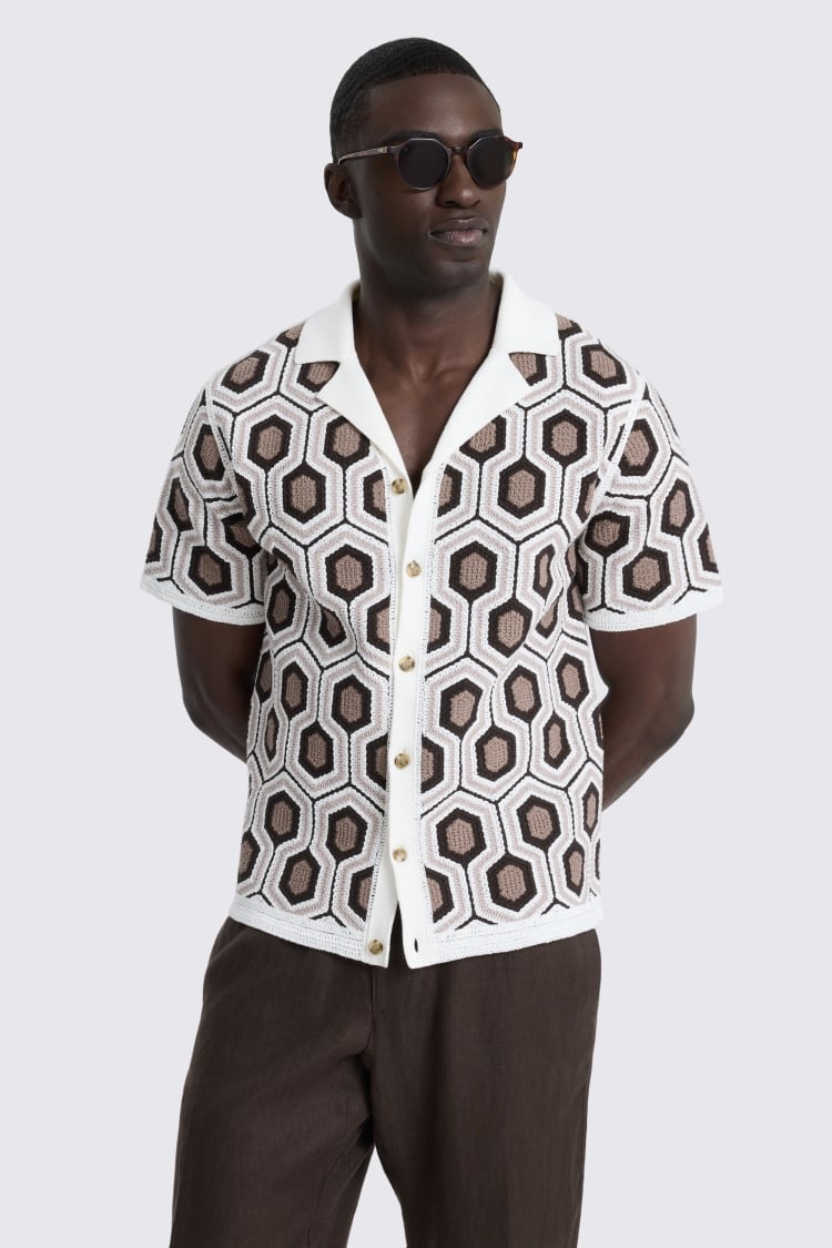Geometric Cotton Crochet Cuban Collar Shirt