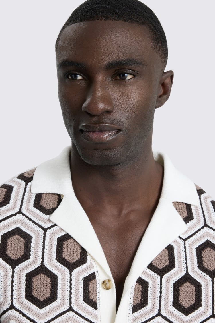 Geometric Cotton Crochet Cuban Collar Shirt