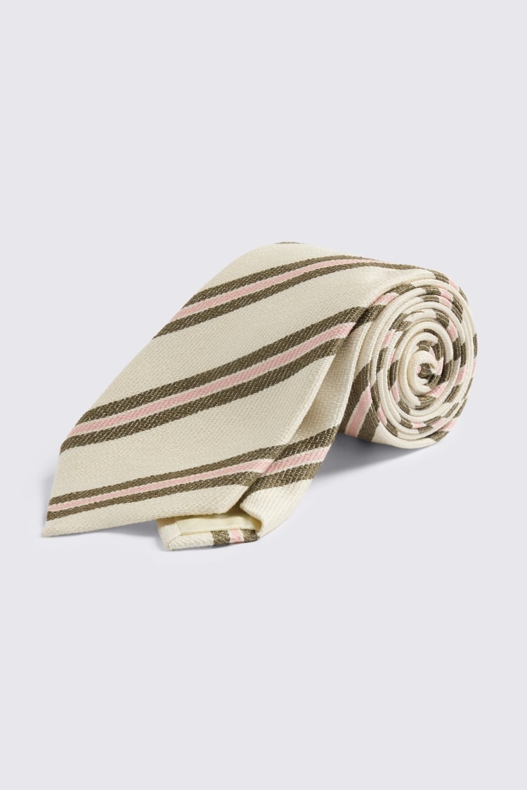 Italian Off White, Olive & Pink Silk Stripe Tie