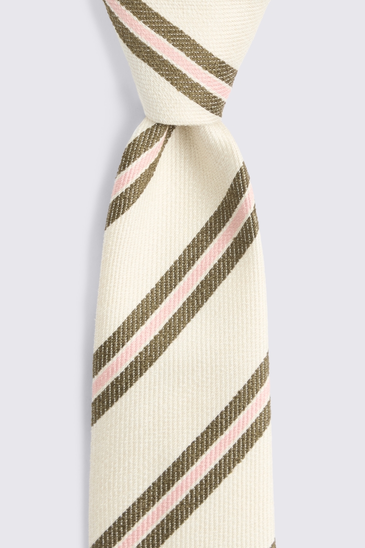 Italian Off White, Olive & Pink Silk Stripe Tie