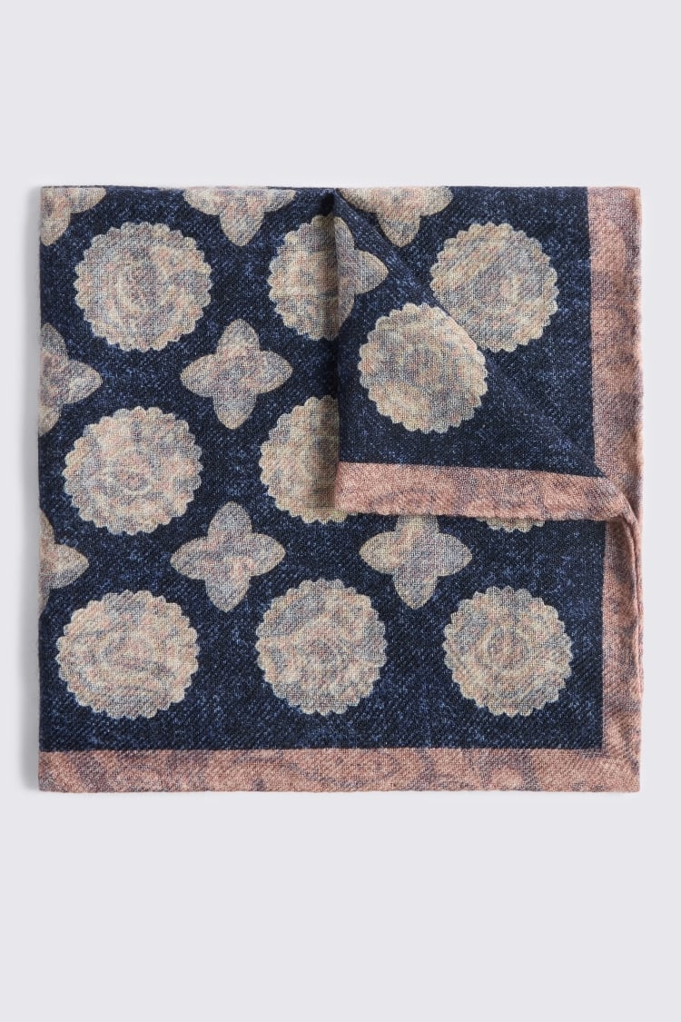 Italian Navy & Pink Wool Double Faced Pocket Square