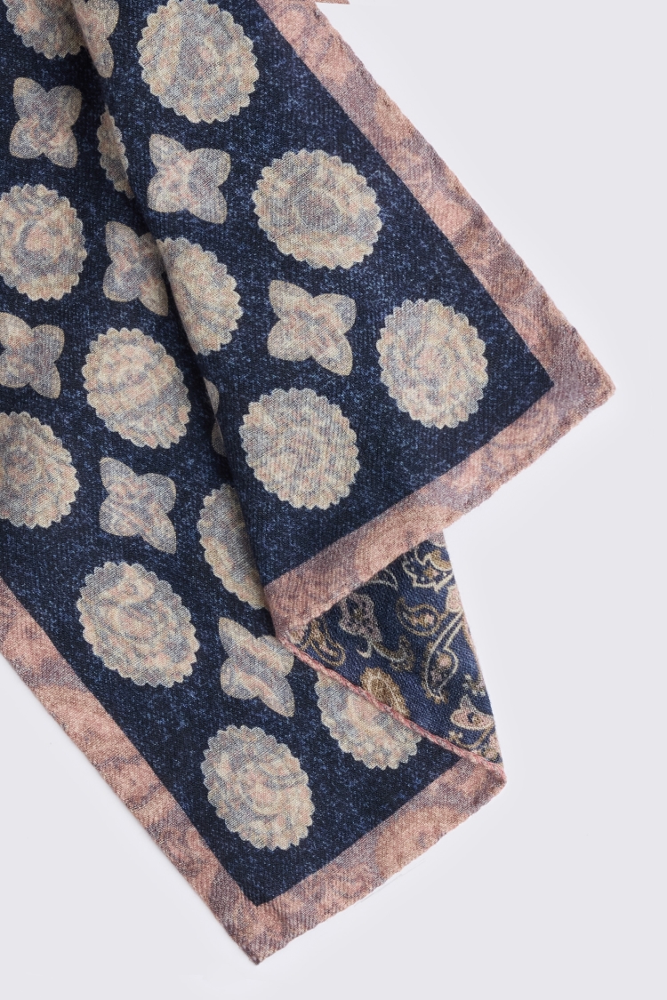 Italian Navy & Pink Wool Double Faced Pocket Square