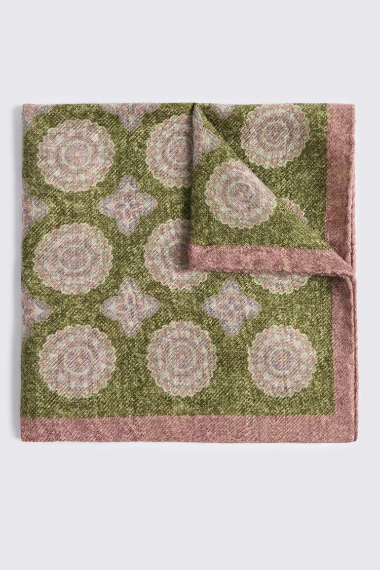 Italian Green & Pink Wool Double Faced Pocket Square