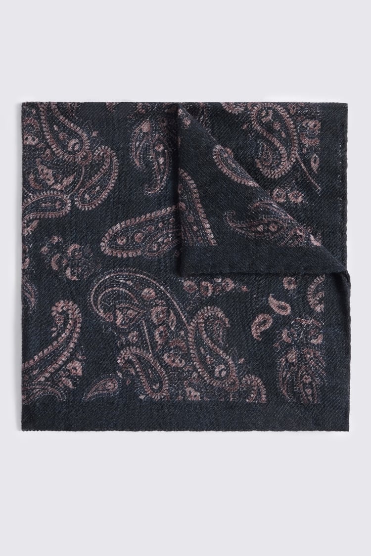 Italian Navy & Pink Wool Paisley Pocket Square