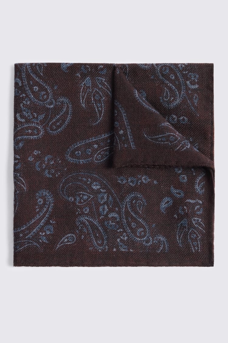 Italian Burgundy & Light Blue Wool Paisley Pocket Square