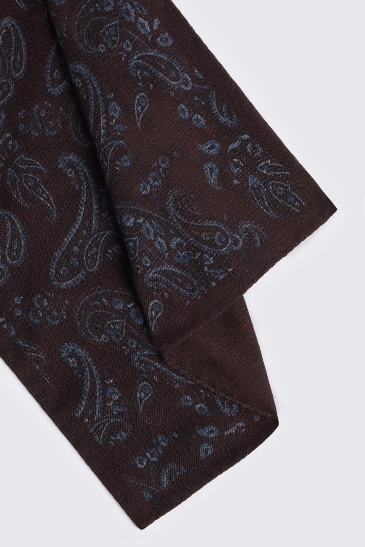 Italian Burgundy & Light Blue Wool Paisley Pocket Square