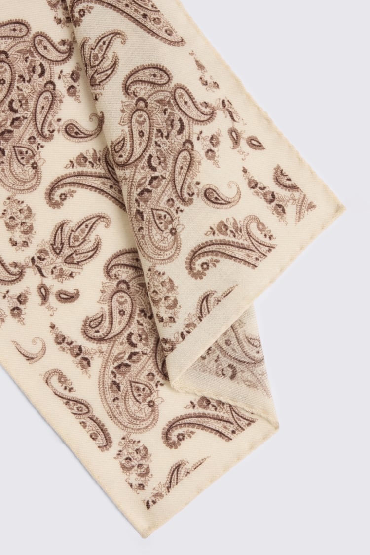 Bottinelli Neutral & Dark Brown Wool Paisley Pocket Square