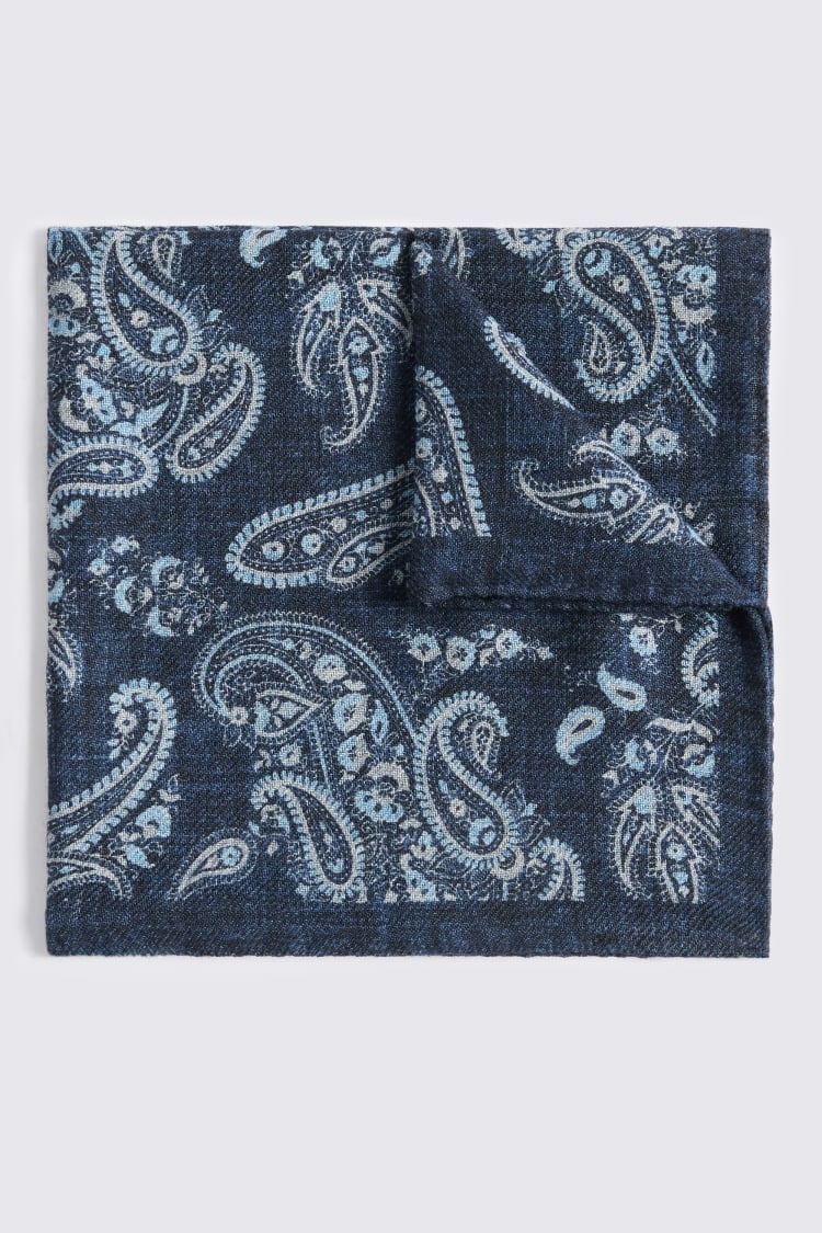 Italian Navy & Light Blue Wool Paisley Double Faced Pocket Square