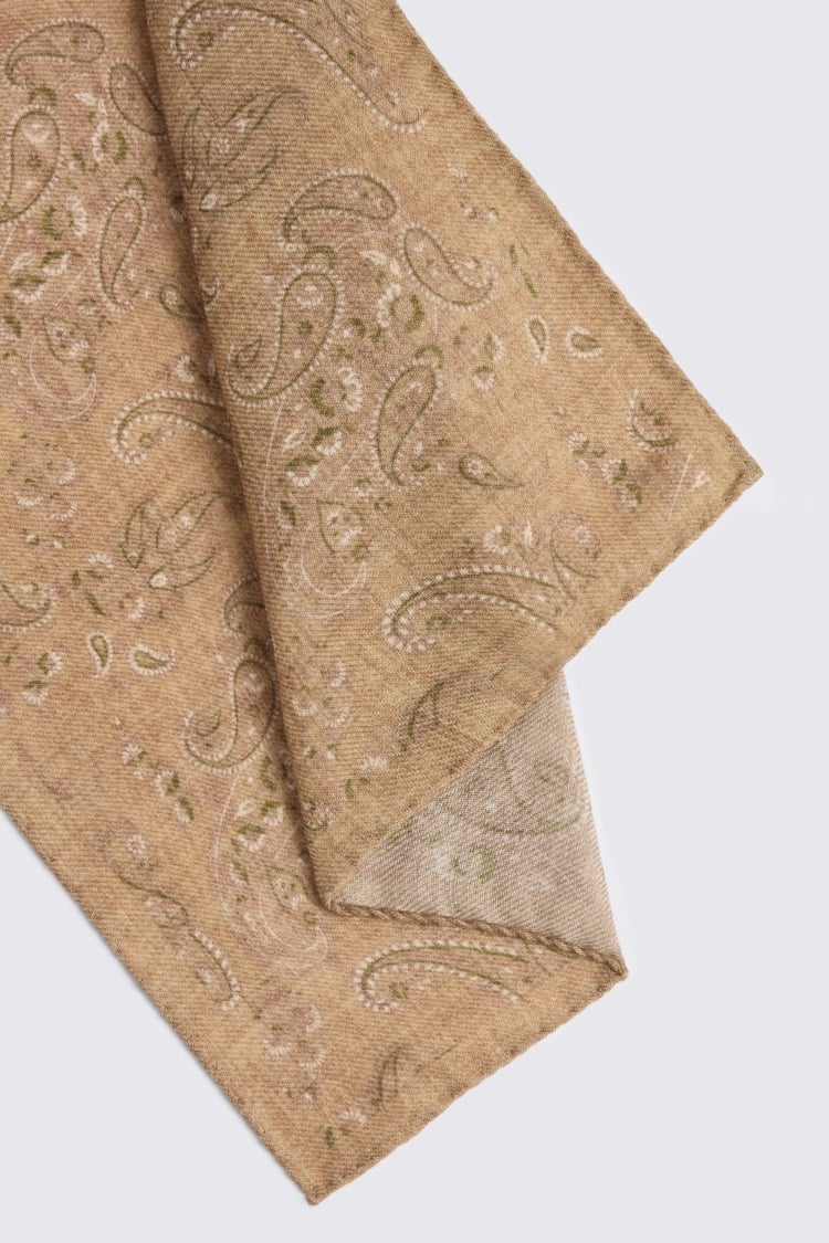 Bottinelli Oatmeal & Green Wool Paisley Pocket Square
