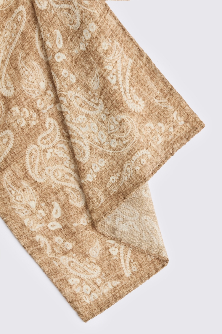 Italian Camel & White Wool Paisley Pocket Square