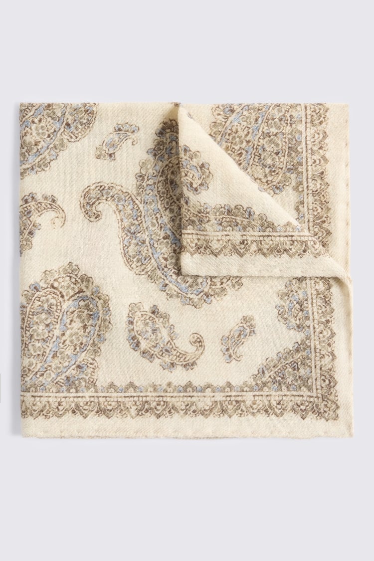 Italian Neutral & White Wool Paisley Pocket Square
