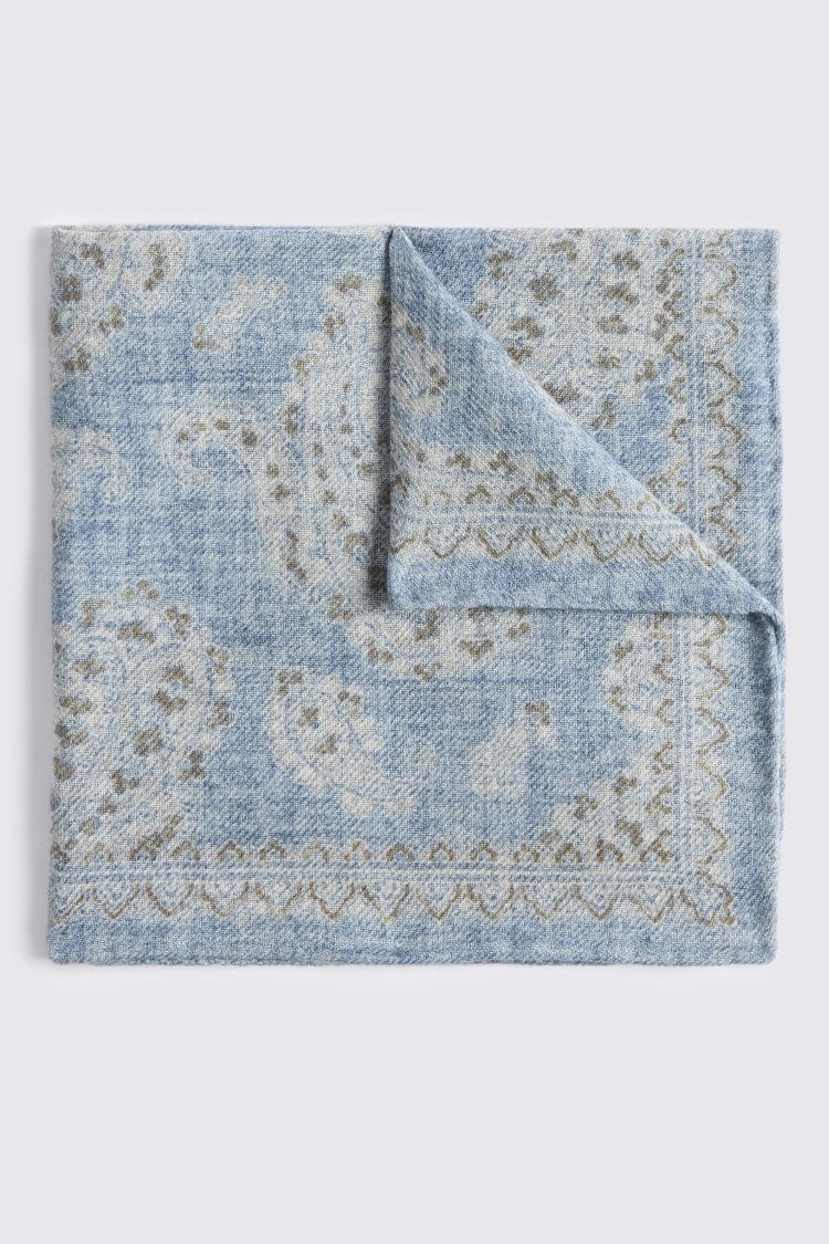 Italian Blue & Off-White Wool Paisley Pocket Square