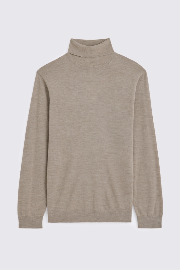 Taupe Melange Merino-Blend Roll-Neck Jumper