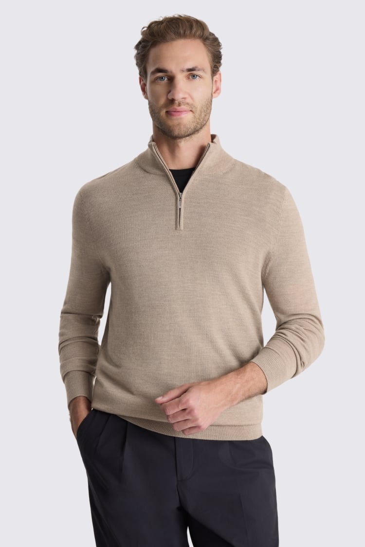 Taupe Melange Merino- Blend Zip-Neck Jumper