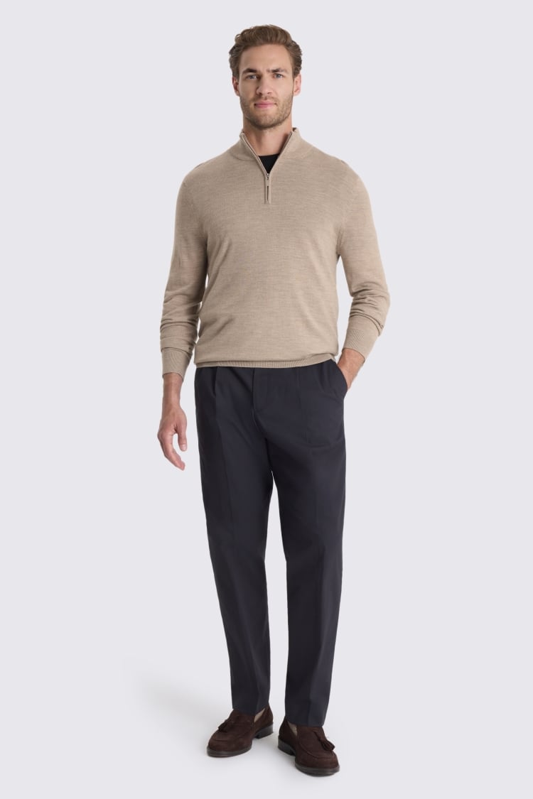Taupe Melange Merino- Blend Zip-Neck Jumper