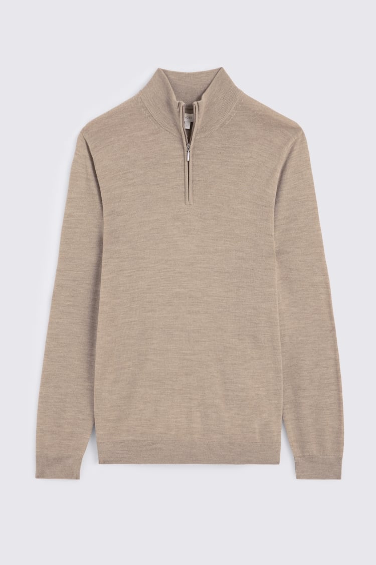 Taupe Melange Merino Zip-Neck Jumper