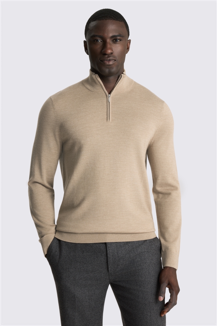Camel Merino Zip-Neck Jumper