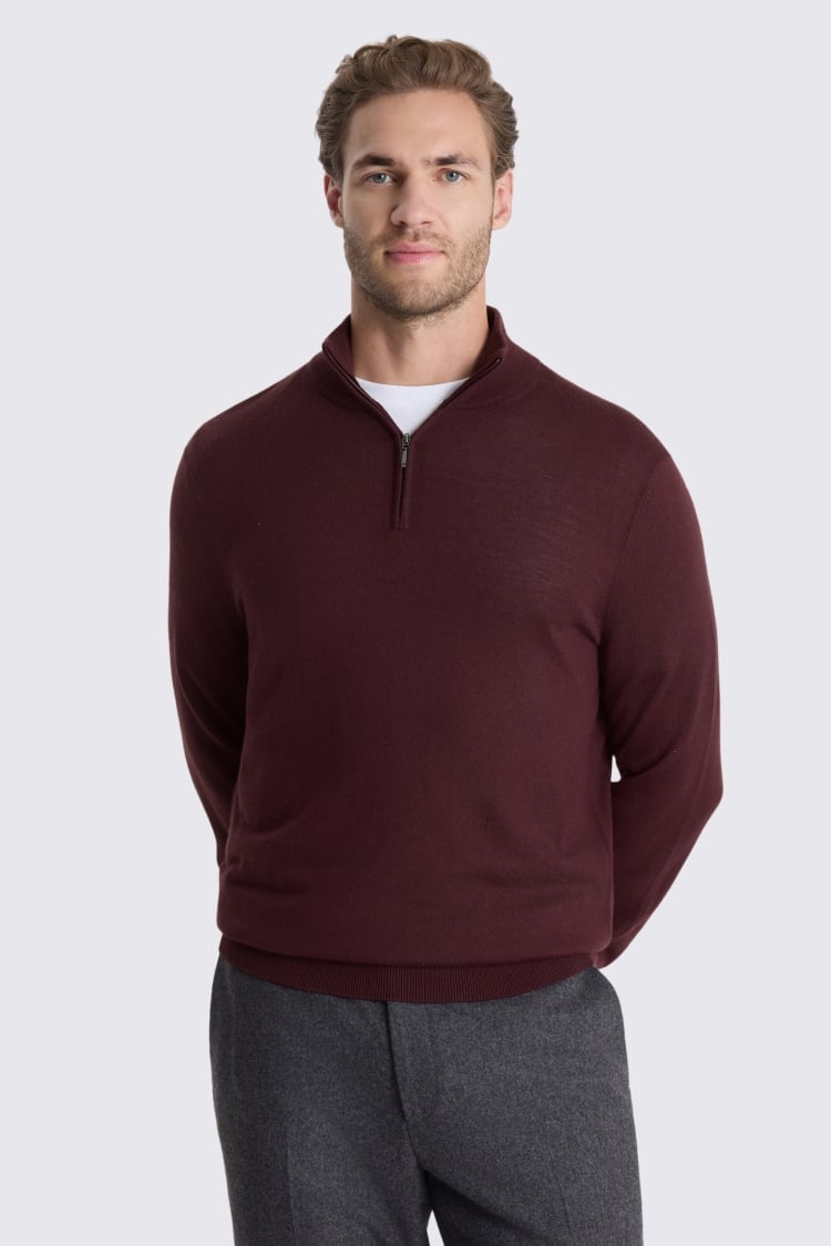 Wine Merino Zip-Neck Jumper