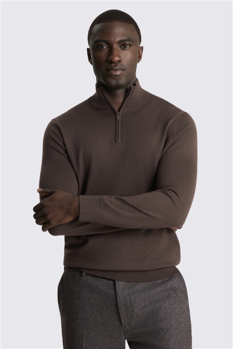 Brown Merino Zip-Neck Jumper
