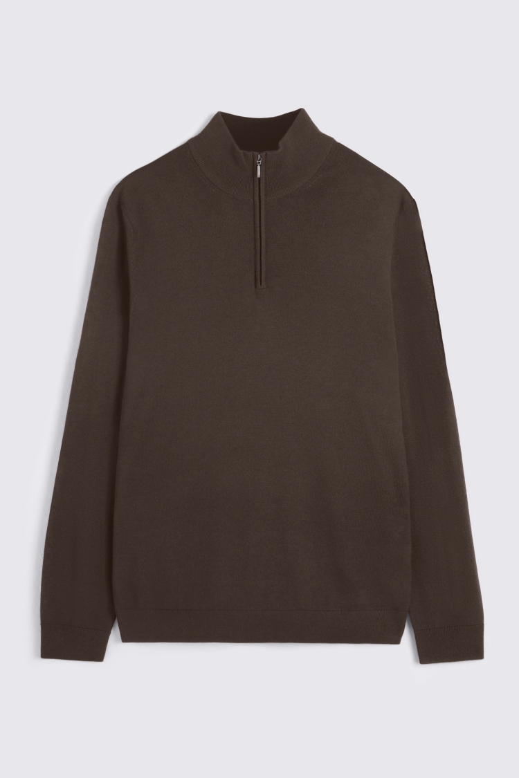 Brown Merino-Blend Zip-Neck Jumper