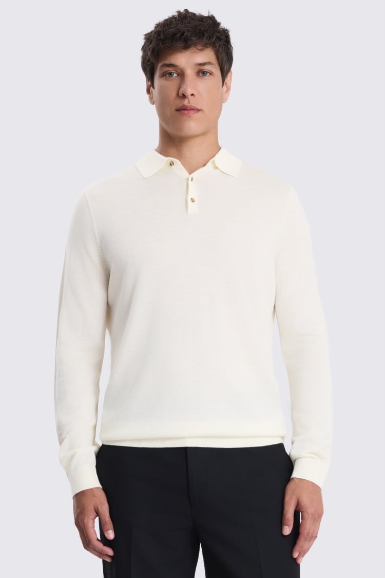 Winter White Merino-Blend Long-Sleeve Polo Shirt