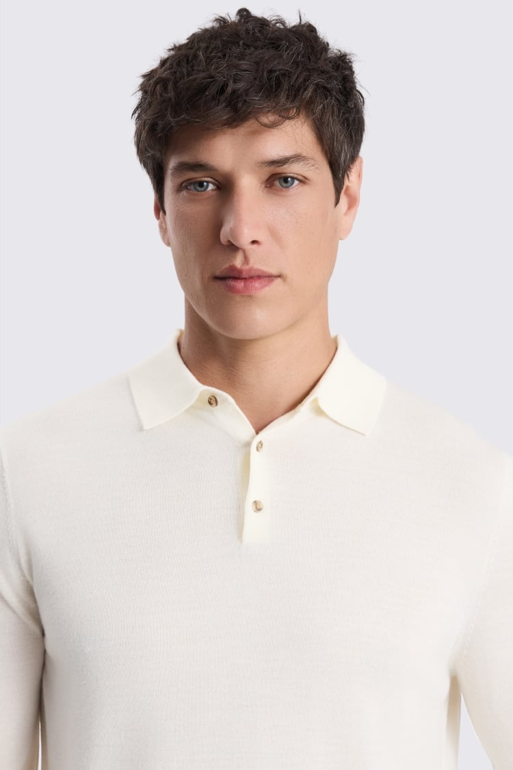 Winter White Merino-Blend Long-Sleeve Polo Shirt