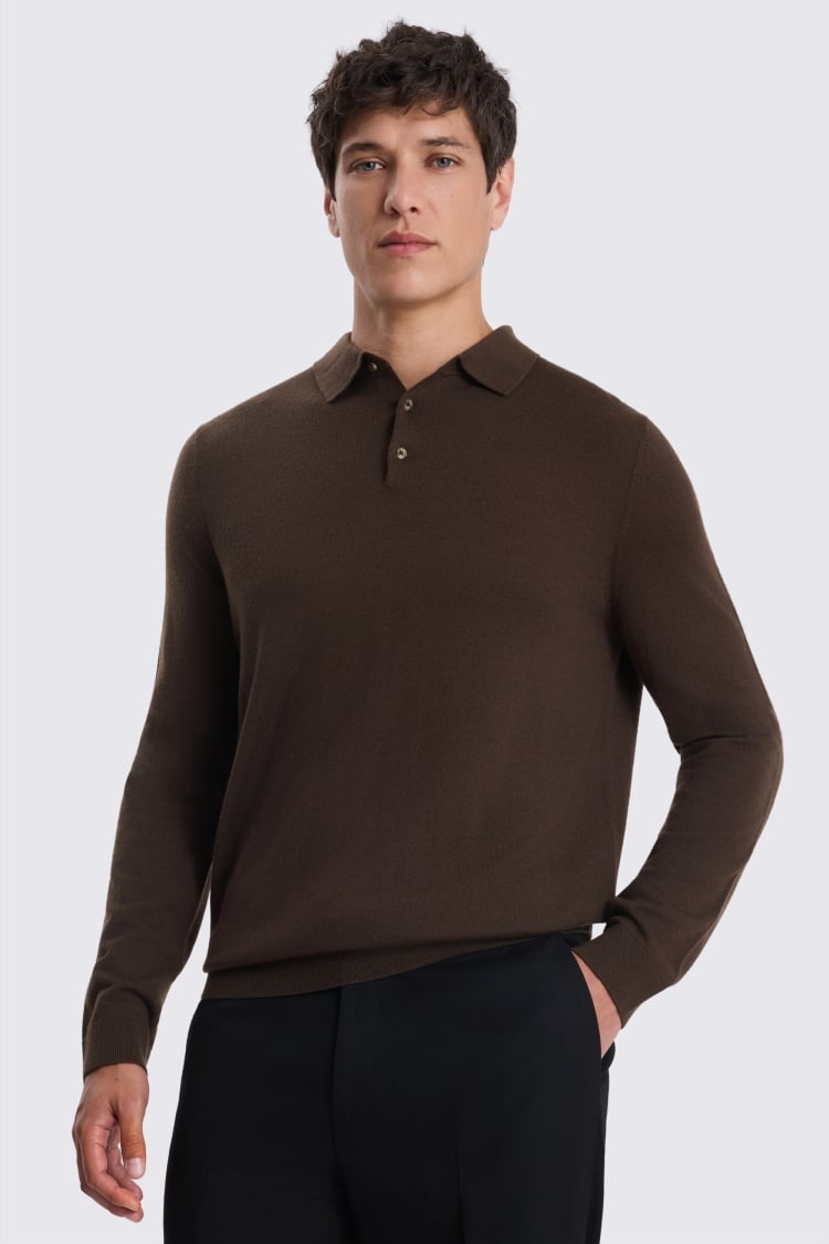 Brown Merino-Blend Long-Sleeve Polo Shirt