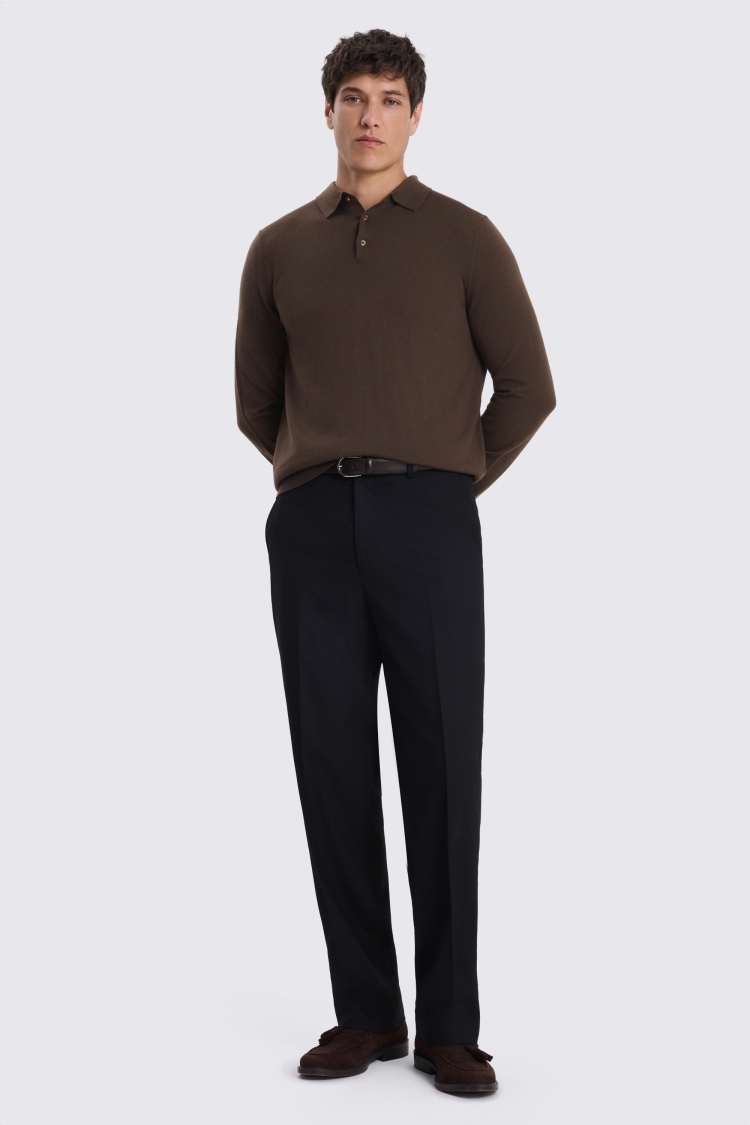 Brown Merino-Blend Long-Sleeve Polo Shirt