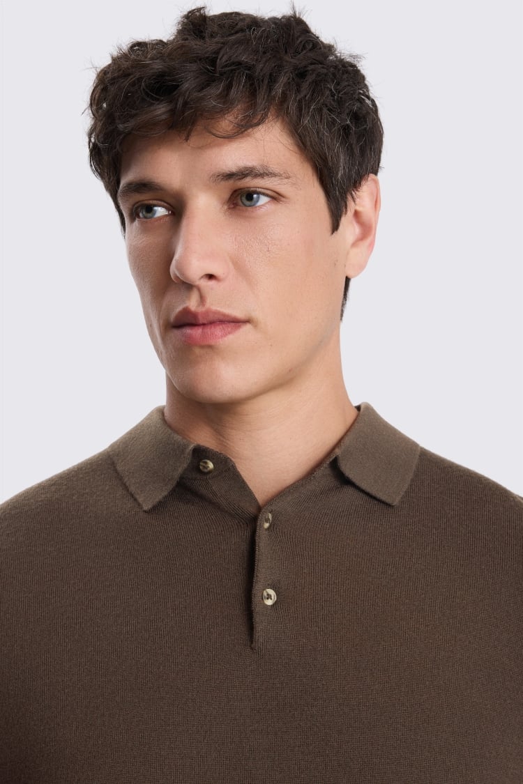 Brown Merino-Blend Long-Sleeve Polo Shirt