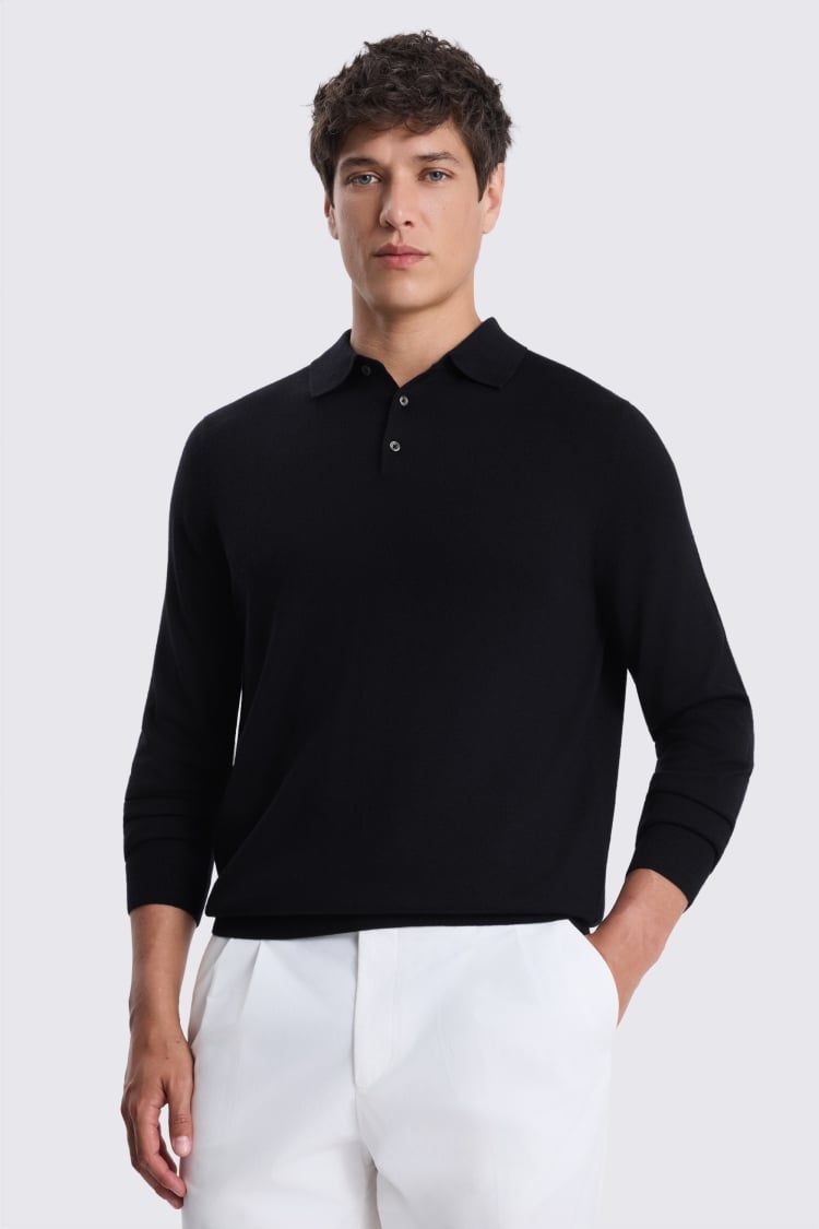 Navy Merino-Blend Long-Sleeve Polo Shirt