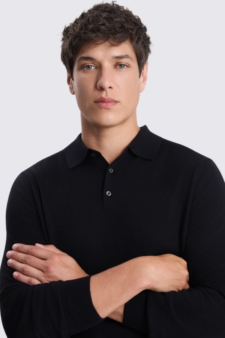 Navy Merino-Blend Long-Sleeve Polo Shirt