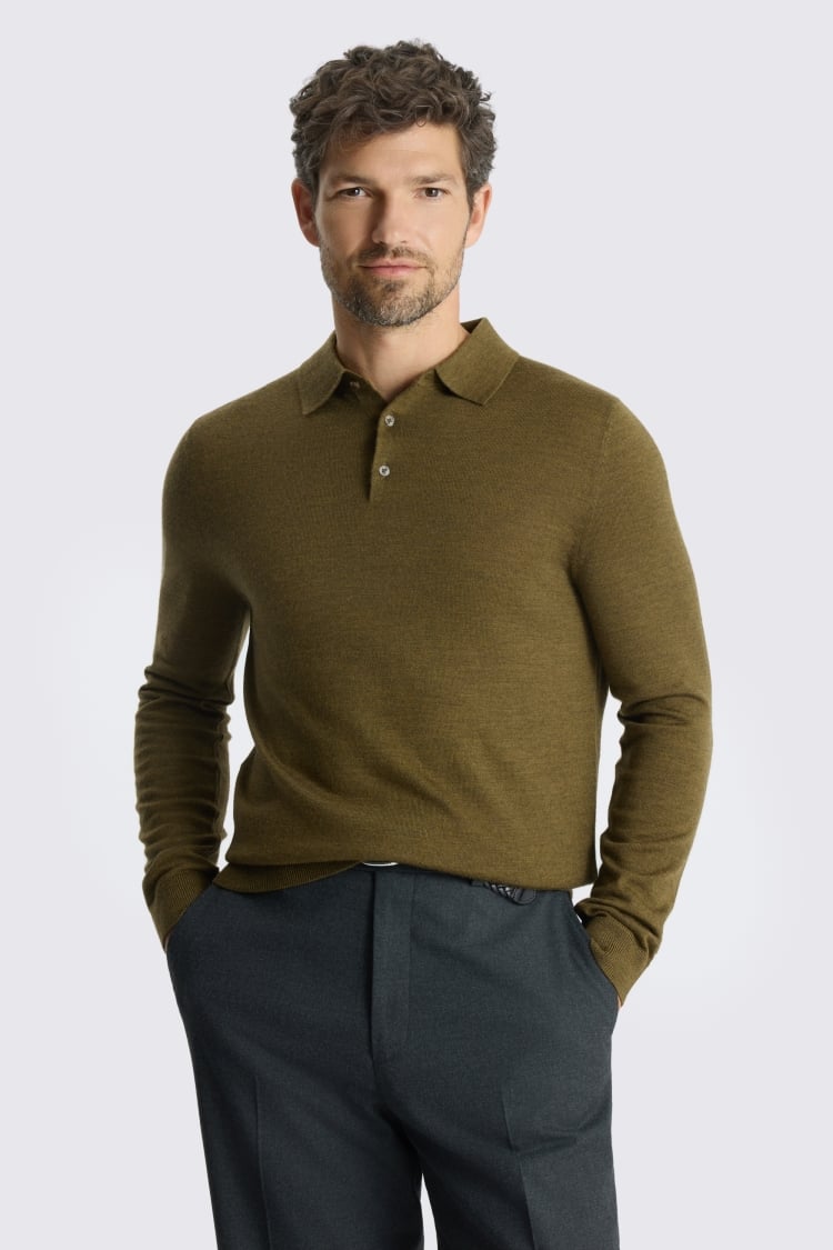Olive Merino-Blend Long-Sleeve Polo Shirt