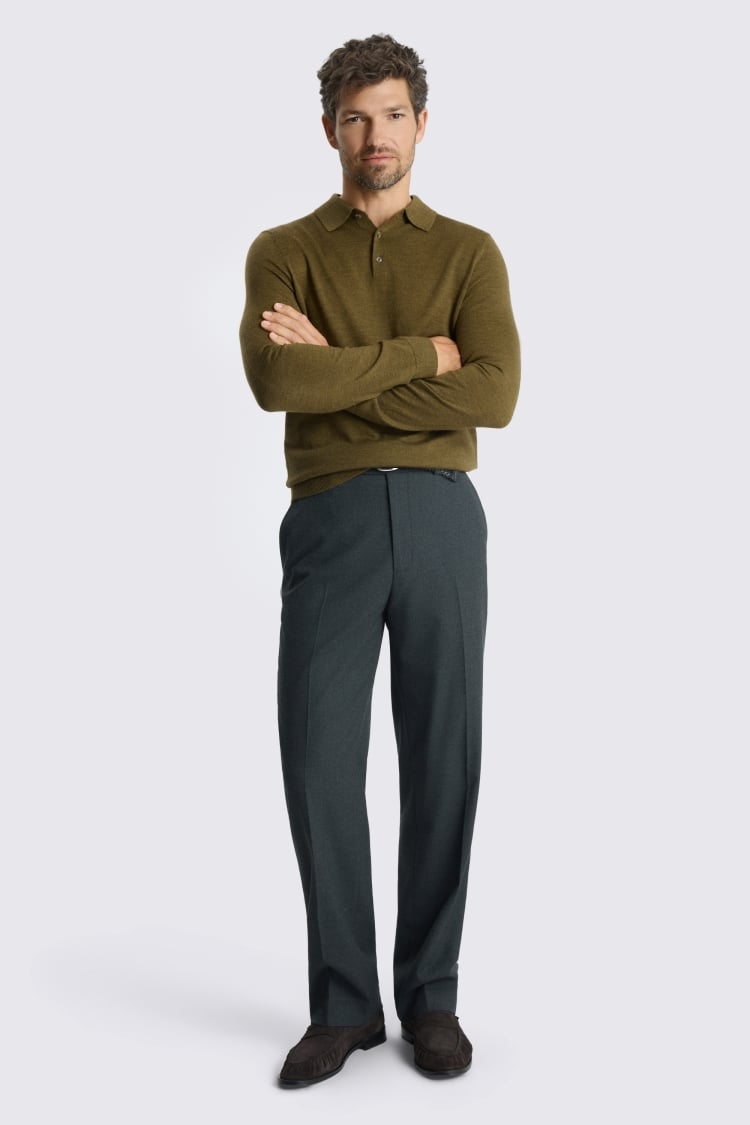 Olive Merino-Blend Long-Sleeve Polo Shirt