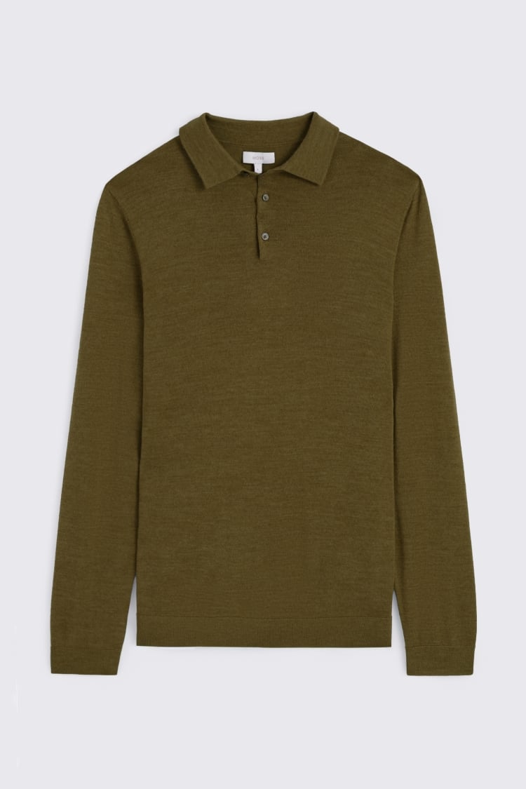 Olive Merino Long-Sleeve Polo Shirt