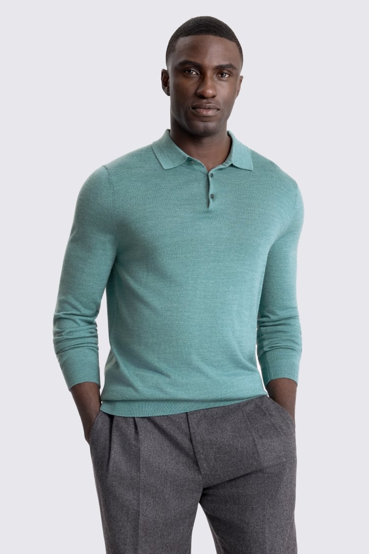 Teal Merino-Blend Long-Sleeve Polo Shirt