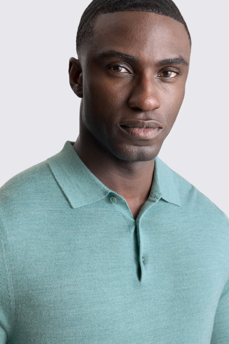 Teal Merino-Blend Long-Sleeve Polo Shirt