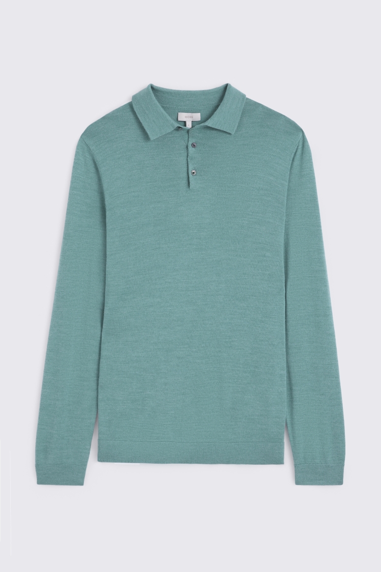 Teal Merino-Blend Long-Sleeve Polo Shirt