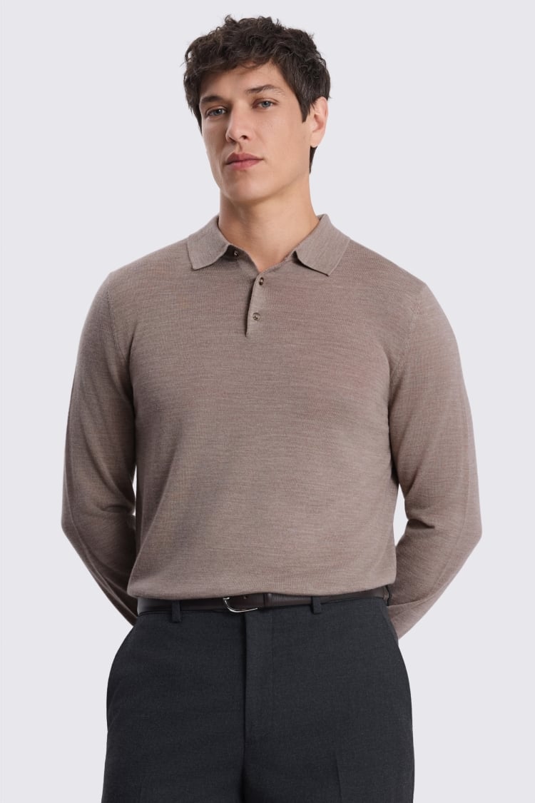 Taupe Melange Merino-Blend Long-Sleeve Polo Shirt