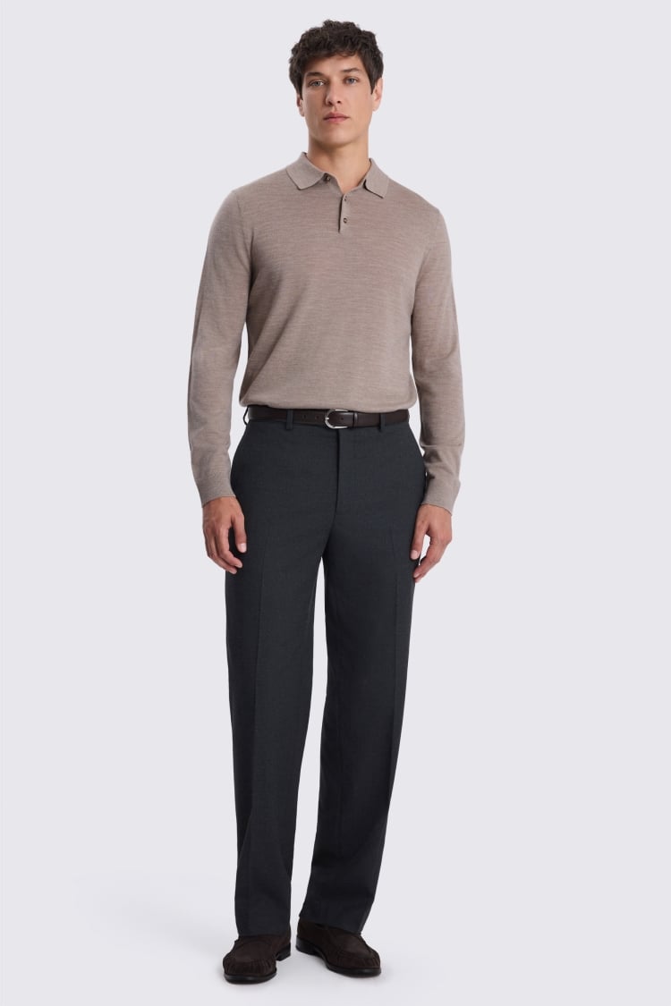 Taupe Melange Merino-Blend Long-Sleeve Polo Shirt