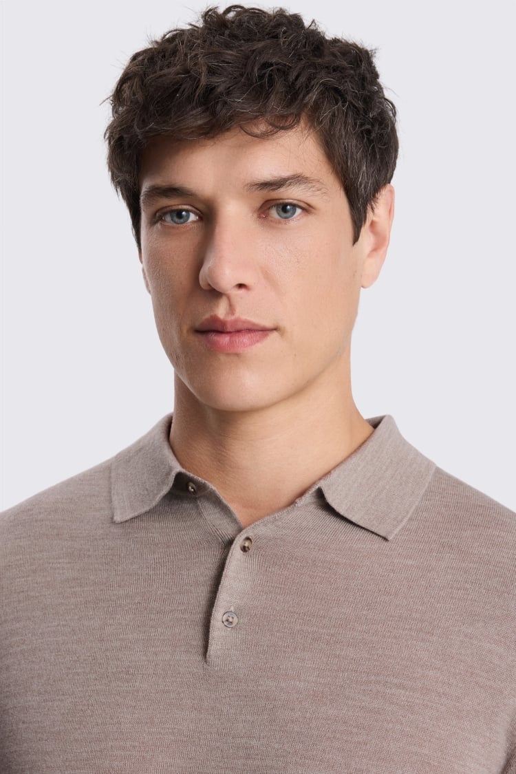 Taupe Melange Merino-Blend Long-Sleeve Polo Shirt
