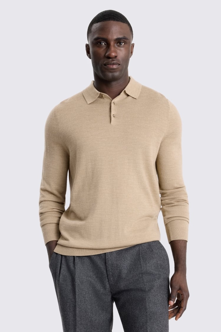 Camel Merino-Blend Long-Sleeve Polo Shirt
