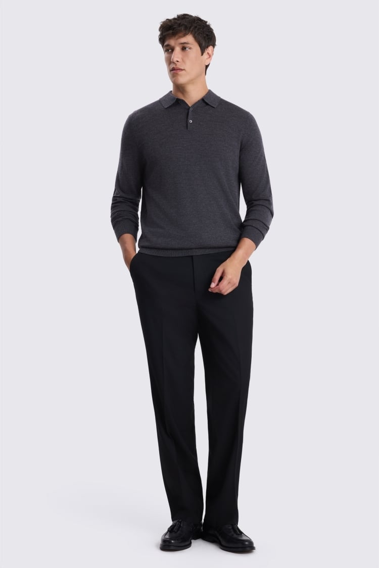 Charcoal Merino-Blend Long-Sleeve Polo Shirt