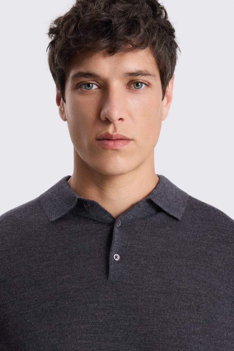 Charcoal Merino-Blend Long-Sleeve Polo Shirt