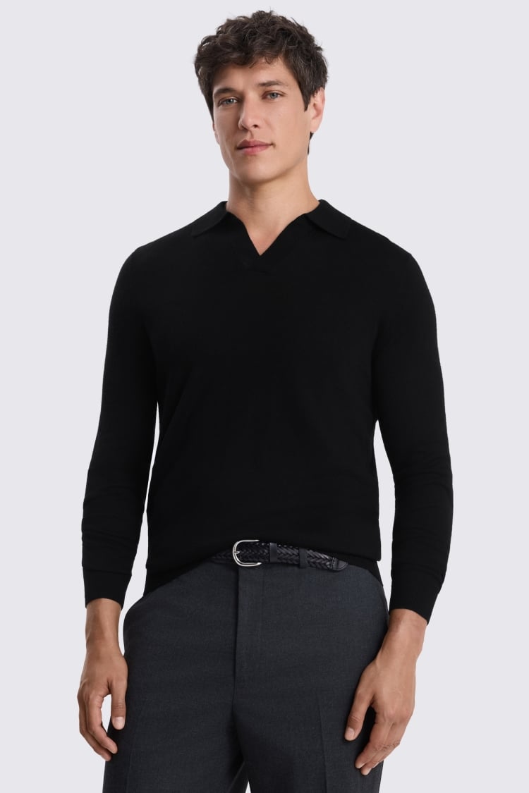 Black Merino-Blend Skipper Polo