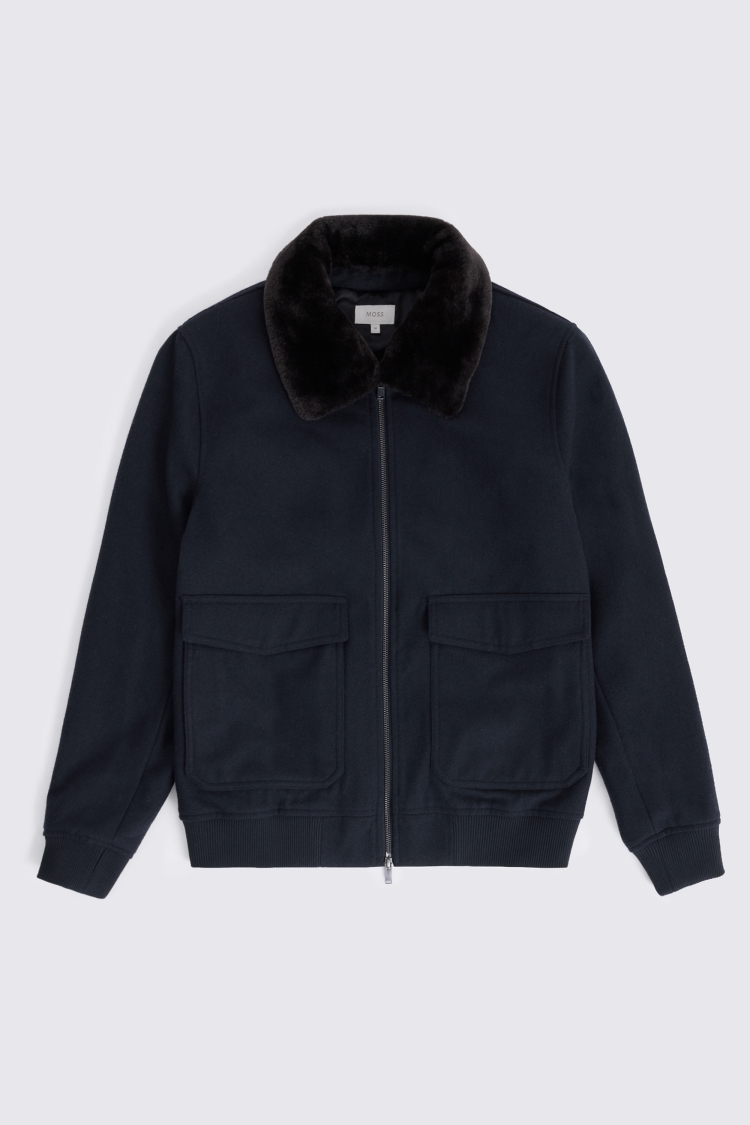 Navy Faux-Fur Collar Bomber Jacket