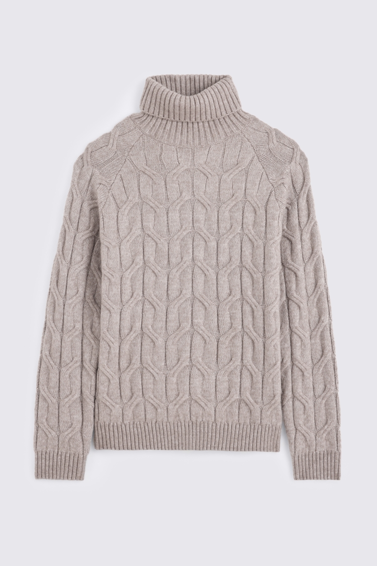 Taupe Cable Roll Neck Jumper