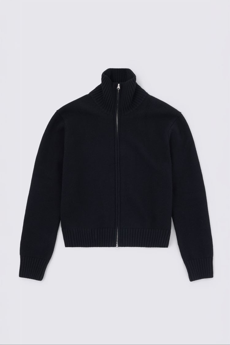 Black Wool Boxy Zip-Through Jumper