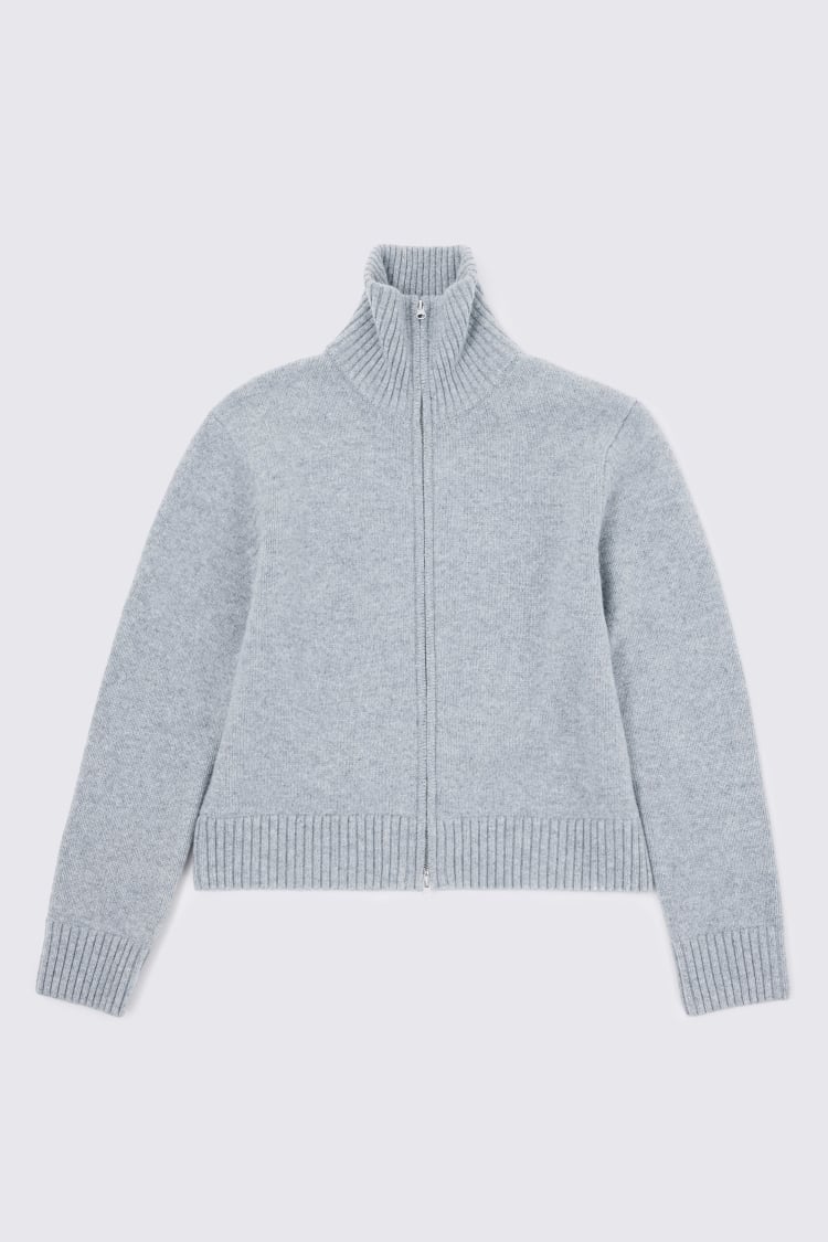 Light Grey Wool Boxy Zip-Through Jumper